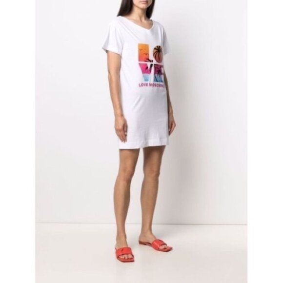 LOVE MOSCHINO White Cotton Palm Tree Print Crewneck T-Shirt Dress US 4 - Picture 1 of 12